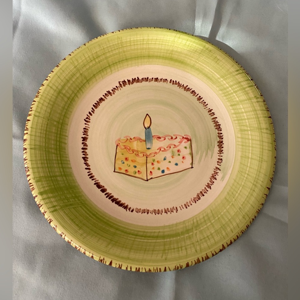 Vintage Ruby Brand Vintage Plate Ceramic 8” Green W/ Yellow Piece Birthday Cake